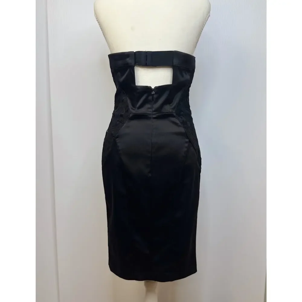 bebe Strapless Black Satin Lace Sheath Dress Women’s Medium Bodycon Bombshell - Picture 2 of 16